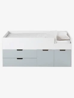 Lit Enfant Mi-hauteur XL Avec Rangements LIGNE PASSE-PASSE Blanc - Gris - Vertbaudet -Petit Monde Promos Boutique lit enfant mi hauteur xl avec rangements ligne passe passe 2