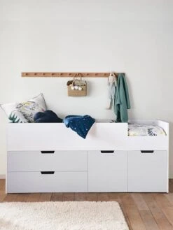 Lit Enfant Mi-hauteur XL Avec Rangements LIGNE PASSE-PASSE Blanc - Gris - Vertbaudet -Petit Monde Promos Boutique lit enfant mi hauteur xl avec rangements ligne passe passe 3